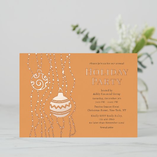 Oranje Elegante Kerst Party Zakelijke Vakantie Folie Uitnodiging (Staand Voorkant)