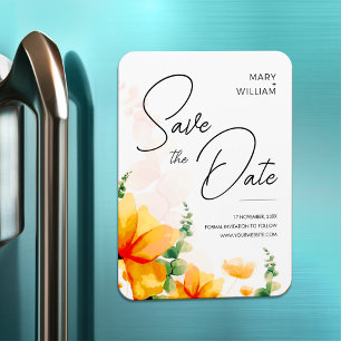 Oranje elegante moderne bruiloft bespaar de datum magneet