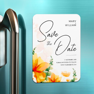 Oranje elegante moderne bruiloft bespaar de datum magneet