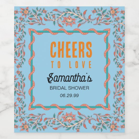 Oranje en Aqua Blauwe Bloemachtige Bruiloftsdouche Wijn Etiket (Enkel label)