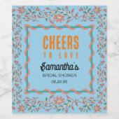 Oranje en Aqua Blauwe Bloemrijke Bruiloftsdouche Wijn Etiket (Enkel label)