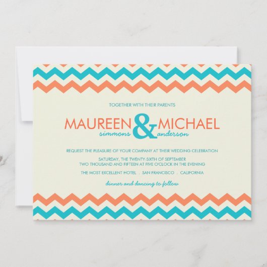 Oranje en Aqua Chevron ZigZag Wedding Invitaties Kaart (Voorkant)