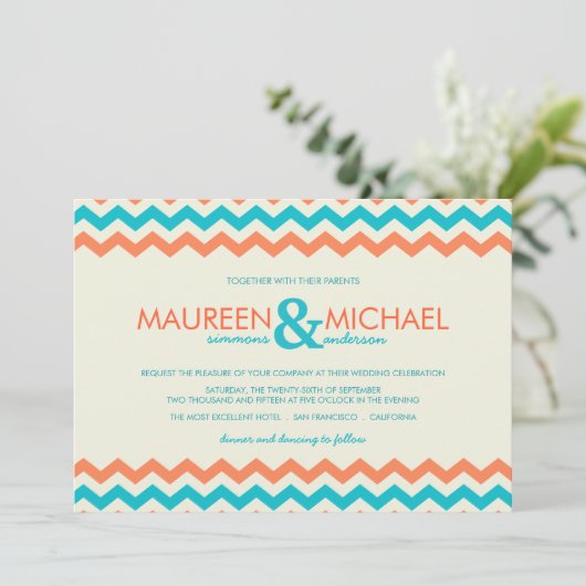 Oranje en Aqua Chevron ZigZag Wedding Invitaties Kaart (Staand voorkant)