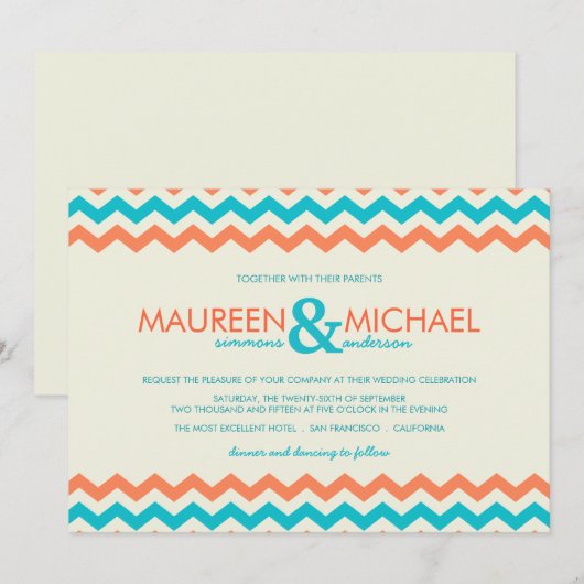 Oranje en Aqua Chevron ZigZag Wedding Invitaties Kaart (Voorkant / Achterkant)