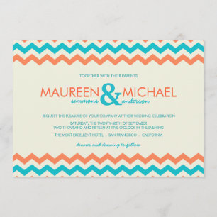 Oranje en Aqua Chevron ZigZag Wedding Invitaties Kaart