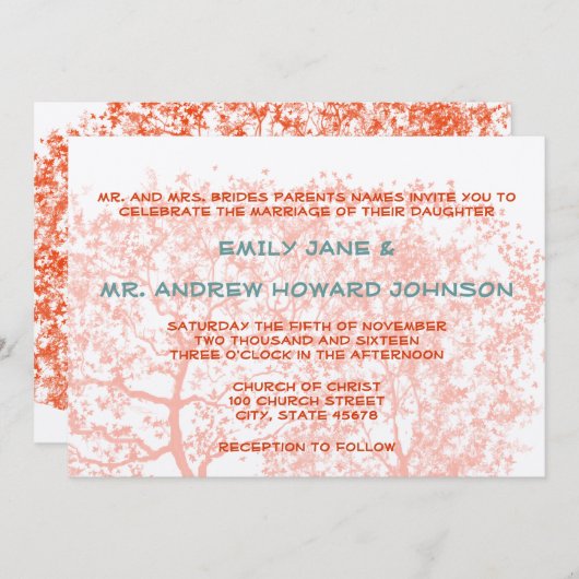 Oranje en Aqua Tree Weddings Speciaal uitnodigen Kaart (Voorkant / Achterkant)