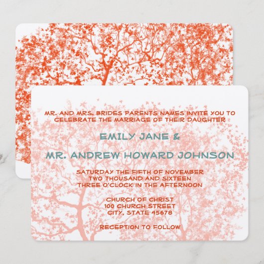 Oranje en Aqua Tree Weddings Speciaal uitnodigen Kaart (Voorkant / Achterkant)