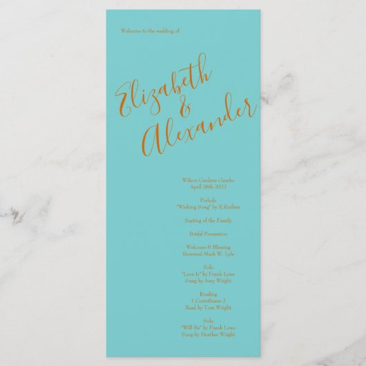 Oranje en Aqua Wedding Modern Floral Menu (Voorkant)