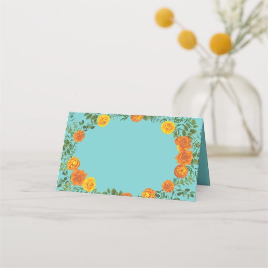 Oranje en Aqua Wedding Modern Floral Plaatskaartje (Voorkant)