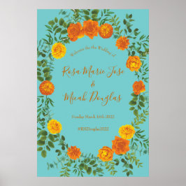 Oranje en Aqua Wedding Modern Floral Poster