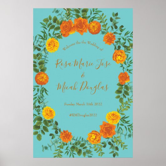 Oranje en Aqua Wedding Modern Floral Poster (Voorkant)