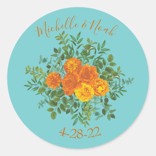 Oranje en Aqua Wedding Modern Floral Ronde Sticker (Voorkant)