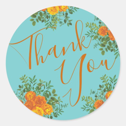 Oranje en Aqua Wedding Modern Floral Ronde Sticker (Voorkant)