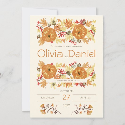 Oranje en beige bloemenherfstbruiloft kaart (Voorkant)