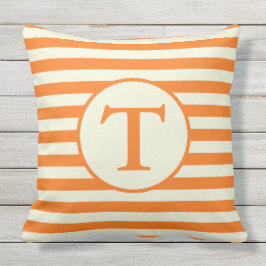 Oranje en beige gestreept monogram Pillow Buitenkussen