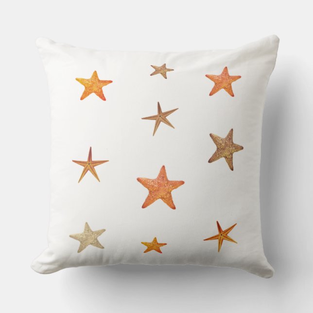 Oranje en beige zeesterren op wit kussen (Voorkant)