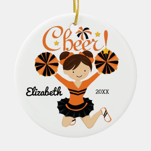 Oranje en Bla Cheer Dark Hair Cheerleader Ornament (Voorkant)