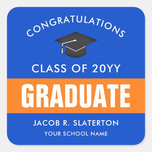 Oranje en blauw aangepast Afstuderen Vierkante Sticker (Voorkant)