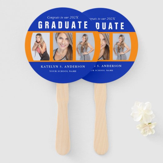 Oranje en blauw Afstuderen Foto collage Handwaaier (Voorkant en achterkant)