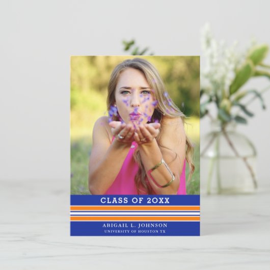 Oranje en blauw Afstuderen Fotoaankondiging (Staand voorkant)