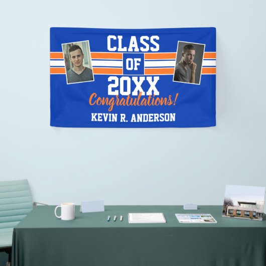 Oranje en blauw Afstuderen Gefeliciteerd met foto' Spandoek (Beurs)