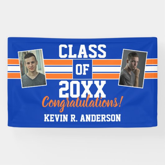 Oranje en blauw Afstuderen Gefeliciteerd met foto' Spandoek (Horizontaal)