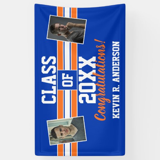 Oranje en blauw Afstuderen Gefeliciteerd met foto' Spandoek (Verticaal)