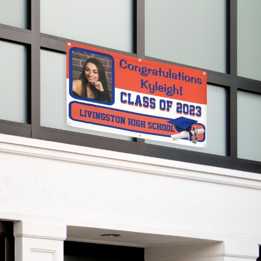 Oranje en blauw Afstuderen van vinyl Spandoek (Buitenkant Gebouw)