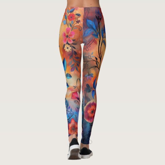 Oranje en blauw bloem leggings (Achterkant)