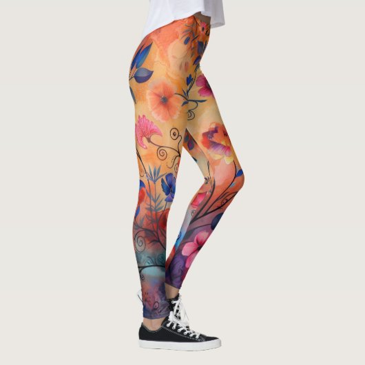 Oranje en blauw bloem leggings (Rechts)