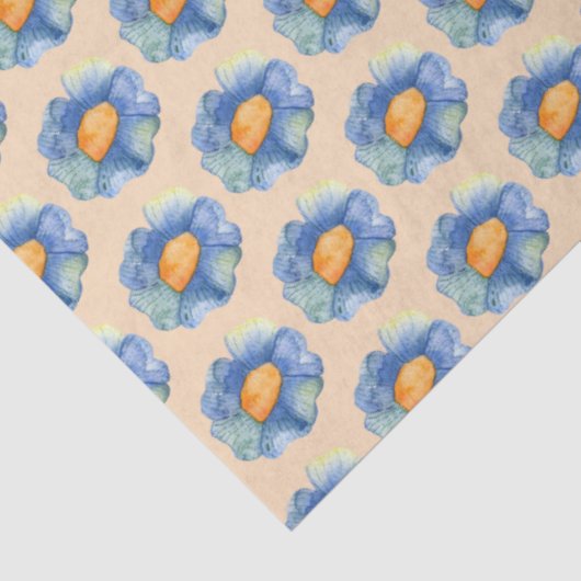 Oranje en blauw bloempatroon tissuepapier (Detail)