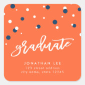 Oranje en Blauw Confetti Afstuderen het Adres van  Vierkante Sticker (Voorkant)
