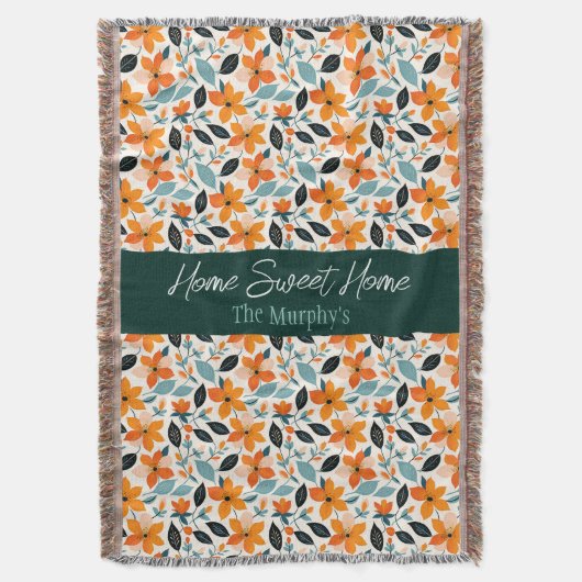 Oranje en blauw gebladerte en bloemen gepersonalis deken (Voorkant Verticaal)