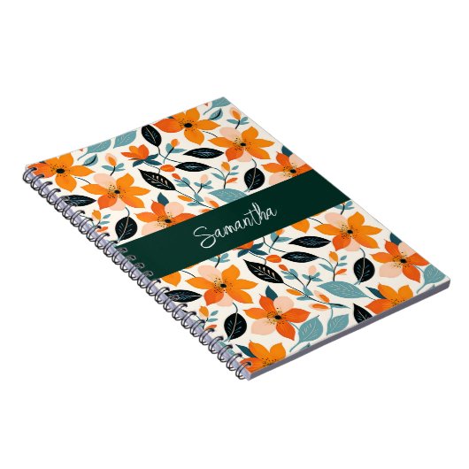 Oranje en blauw gebladerte en bloemen gepersonalis notitieboek (Rechterzijde)