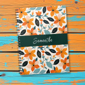 Oranje en blauw gebladerte en bloemen gepersonalis notitieboek