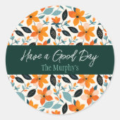 Oranje en blauw gebladerte en bloemen gepersonalis ronde sticker (Voorkant)