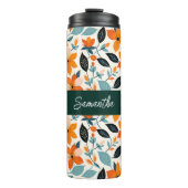 Oranje en blauw gebladerte en bloemen gepersonalis thermosbeker (Voorkant)