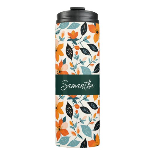 Oranje en blauw gebladerte en bloemen gepersonalis thermosbeker (Voorkant)