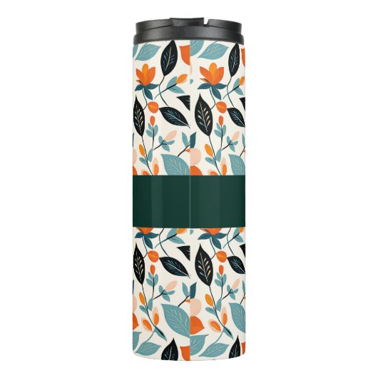 Oranje en blauw gebladerte en bloemen gepersonalis thermosbeker (Achterkant)