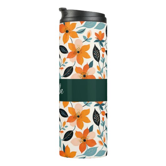 Oranje en blauw gebladerte en bloemen gepersonalis thermosbeker (Geroteerd rechts)