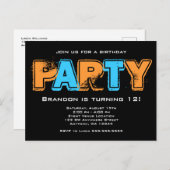 Oranje en blauw Grunge Boy Birthday Party Uitnodiging Briefkaart (Voorkant / Achterkant)