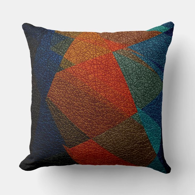 Oranje en blauw leder kussen (Voorkant)