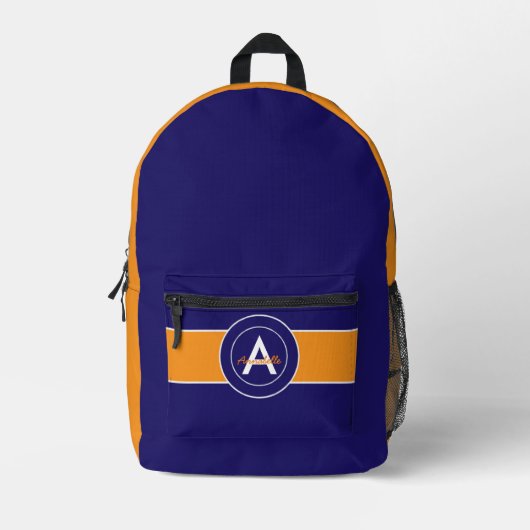 Oranje en blauw monogram op maat bedrukte rugzak (Voorkant)