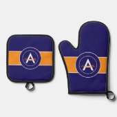 Oranje en blauw monogram op maat ovenwant & pannenlap set (Voorkant)