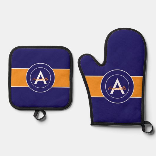 Oranje en blauw monogram op maat ovenwant & pannenlap set (Voorkant)