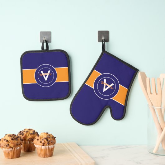Oranje en blauw monogram op maat ovenwant & pannenlap set (Insitu(Ophanging))