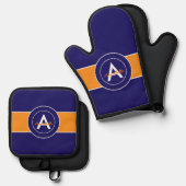 Oranje en blauw monogram op maat ovenwant & pannenlap set (Voorkant / Achterkant)