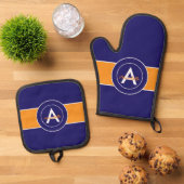 Oranje en blauw monogram op maat ovenwant & pannenlap set (Top down)