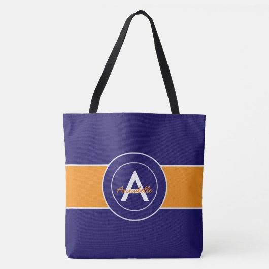 Oranje en blauw monogram op maat tote bag (Voorkant)