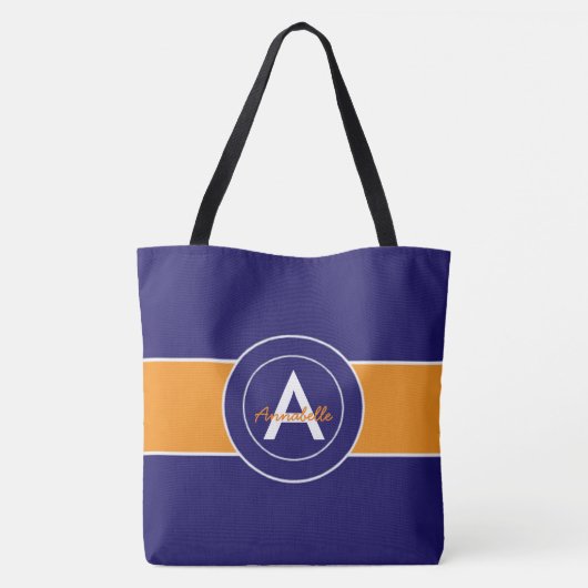 Oranje en blauw monogram op maat tote bag (Achterkant)